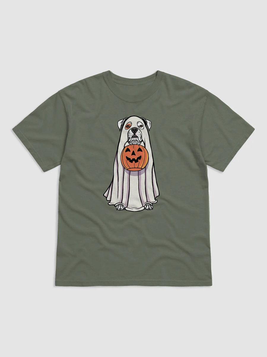 Funny Halloween Boxer(White) Dog T-Shirt | Funny Boxer Wearing a Ghost Costume and Holding a Pumpkin Basket product image (8)