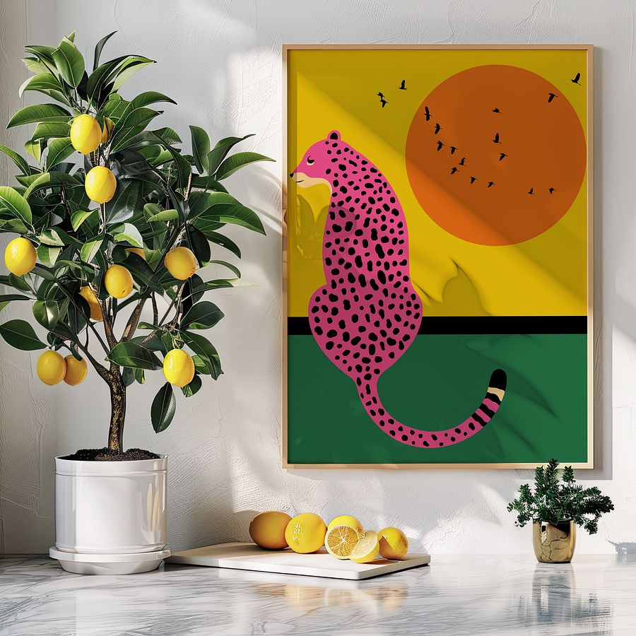 Pink Leopard with Sunset Scenery Colorful Art Print product image (4)
