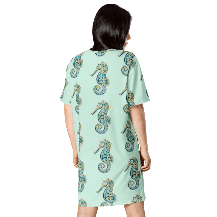 Women's | Ocean Majesty | Painted Seahorse | T-Shirt Dress | Coastal Oversized Dress | Ocean-Inspired Casual Style | Hummingbird Background product image (2)