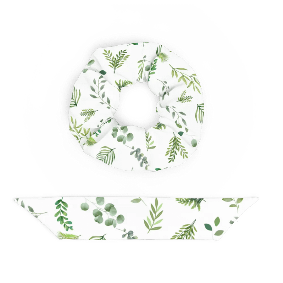 Green leaves pattern on white background Scrunchie with bow product image (8)
