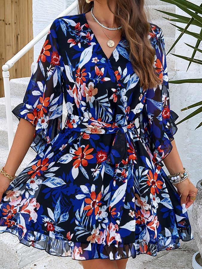 Breeze Blooms: Summer Floral Short Sleeve Dress with Lace-Up Ruffles product image (1)