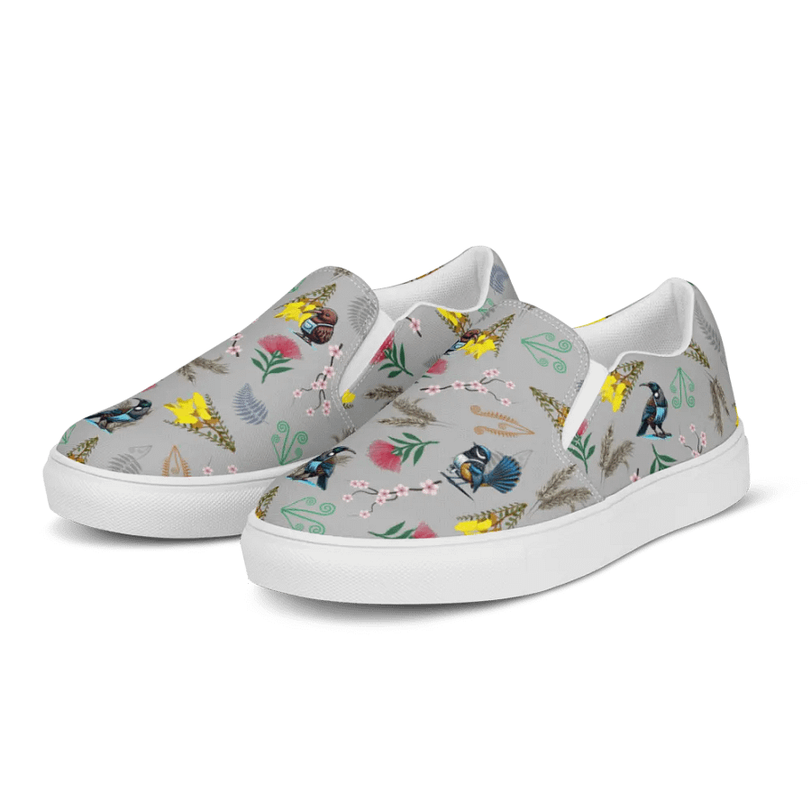 NZ Blooms and Birds Slip-On Canvas Shoes (Grey) product image (6)