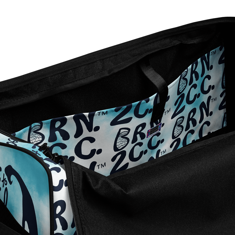 BOURNE to Cape Cod™ | Duffle Bag | BRN.2C.C.™ | Coastal Gym & Travel Gear | 22" All-Over Print Weekender | Navy Blue Logos on Blue Tie-Dye product image (6)