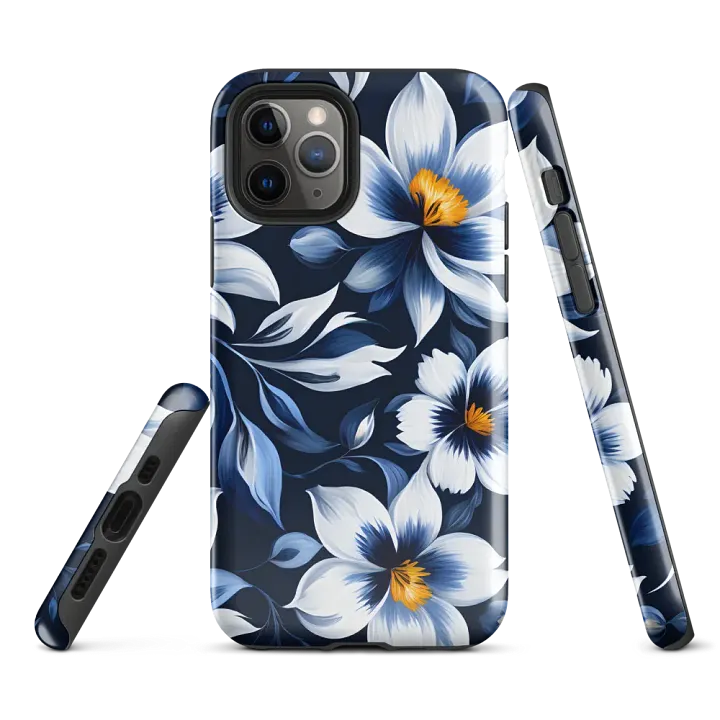 Tough Phone Case for iPhone® - Blue and White Flowers on a Dark Blue Background product image (1)