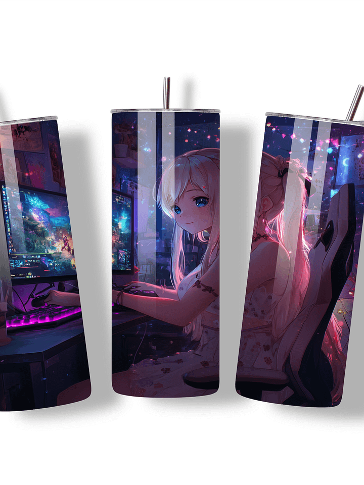Anime Gamer Girl 20oz Skinny Tumbler with Metal Straw – Vibrant Gaming Setup Design – Double-Walled Insulated Stainless Steel Tumbler Gift for Anime and Gaming Fans (Anime Girl 4) product image (2)
