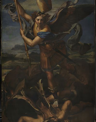 Saint Michael Vanquishing Satan by Raphael, painted around 1518, is a striking example of the artist's mastery in combining d...