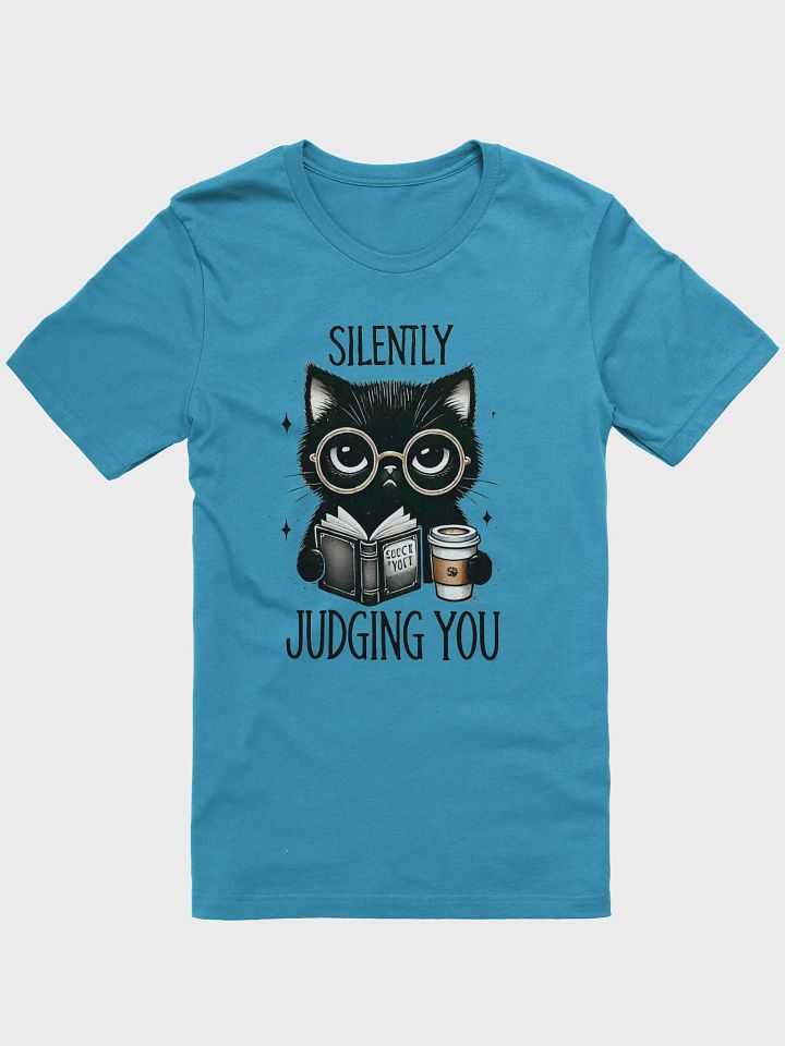 Silently Judging You Cat T-Shirt – Witty Black Cat with Book and Coffee Design product image (5)
