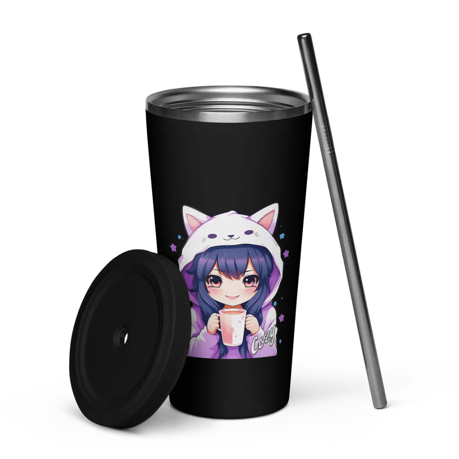 Cozy Kawaii Anime Girl 20 oz Tumbler Cup - Black - Insulated Tumbler with a Straw product image (7)