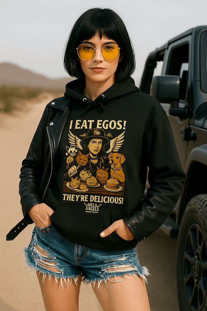 Mel’s Angels "I Eat Egos – They’re Delicious" Hoodie | Vintage Punk Rock Dog Lover Graphic Sweatshirt product image (1)