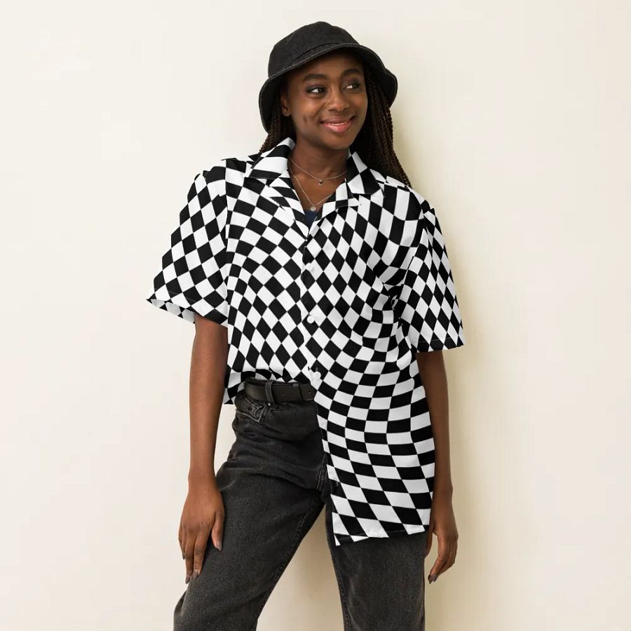 Vintage Retro Distorted Checkerboard Unisex Hawaiian Shirt product image (6)