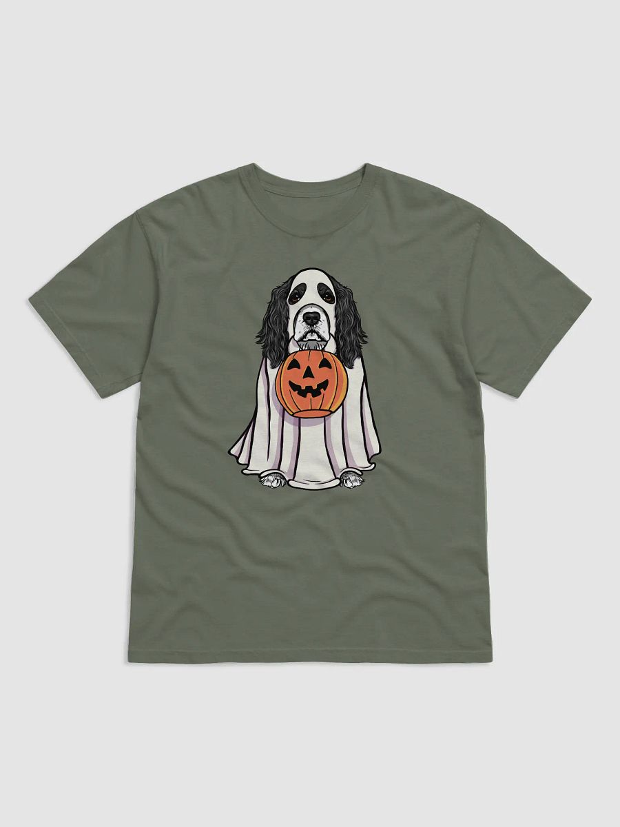 Funny Halloween Cocker Spaniel(Black & White) T-Shirt | Funny Cocker Spaniel Wearing a Ghost Costume and Holding a Pumpkin Basket product image (4)