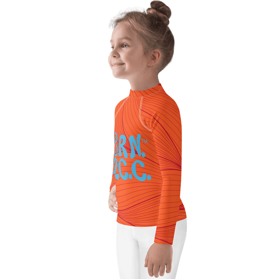 Girls' | Kids Rash Guard | BRN.2C.C.™ Front Print | BOURNE to Cape Cod™ Back & Sleeve Logo | Coastal UV Shirt for Active Kids | Slim Fit Swim Top | Blue Logo on Red and Orange product image (3)