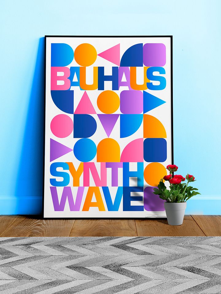 Synthwave Bauhaus Rainbow poster #1 (pink-blue-yellow) — abstract poster product image (1)