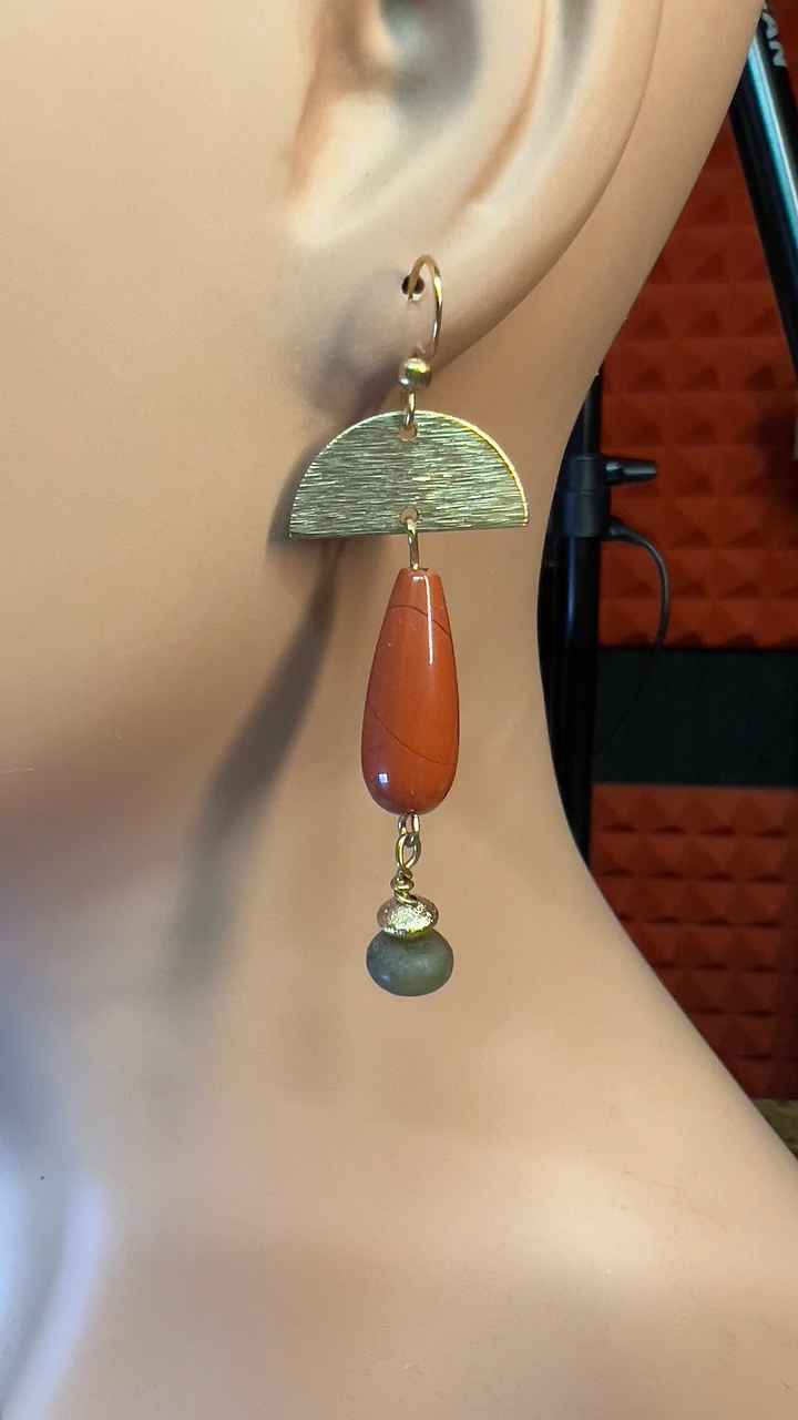 Earrings - Brass Pendants, Red Jasper, Gold-plated Rondelle Beads, and Soocho Jade - Hand-made by JB product image (2)