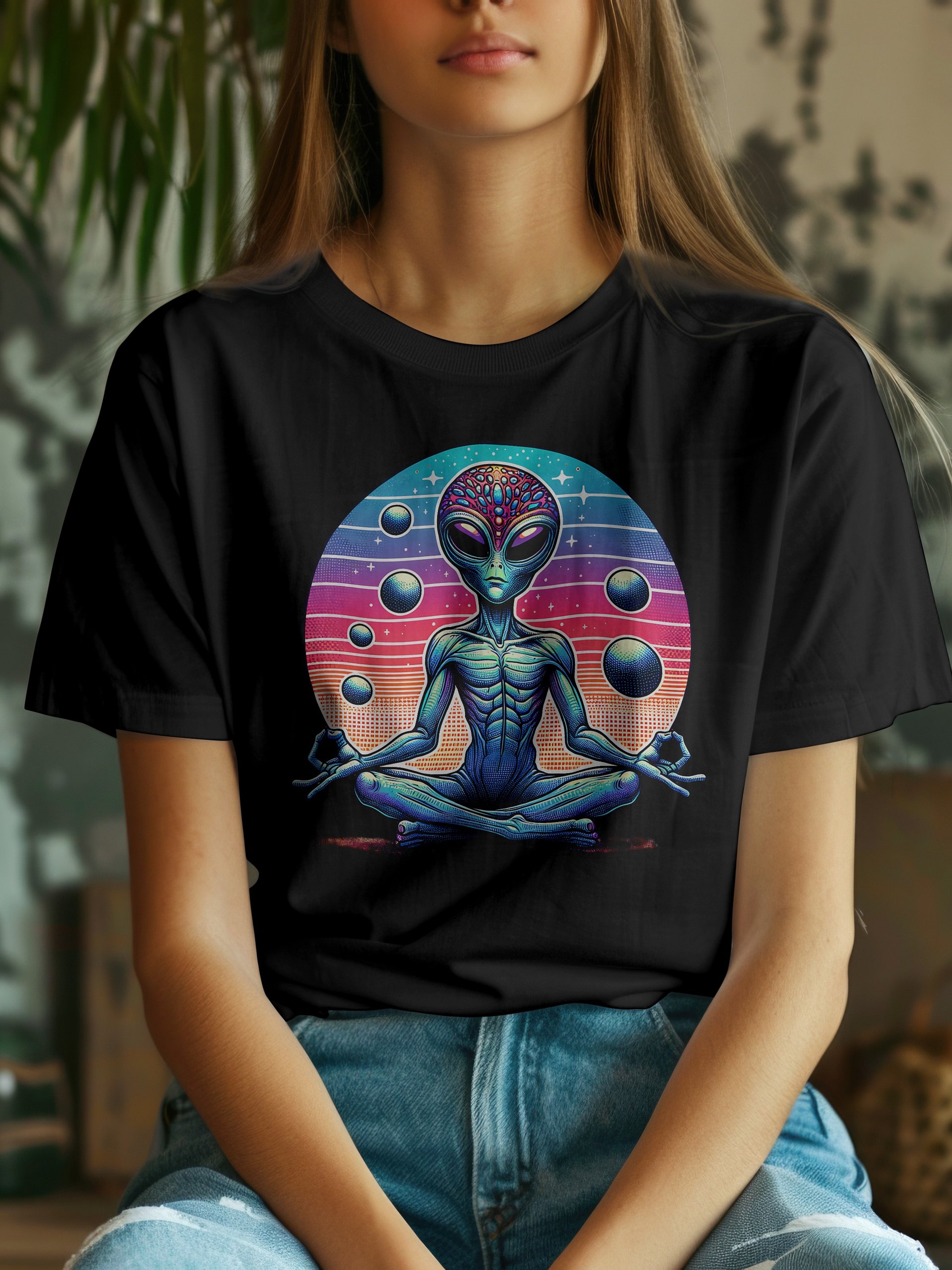 👽✨ Product Title (SEO-Optimized) Zen Alien Goddess T-Shirt – Meditating Extraterrestrial in Cosmic Colors | Boho Space Vibes Tee product image (4)