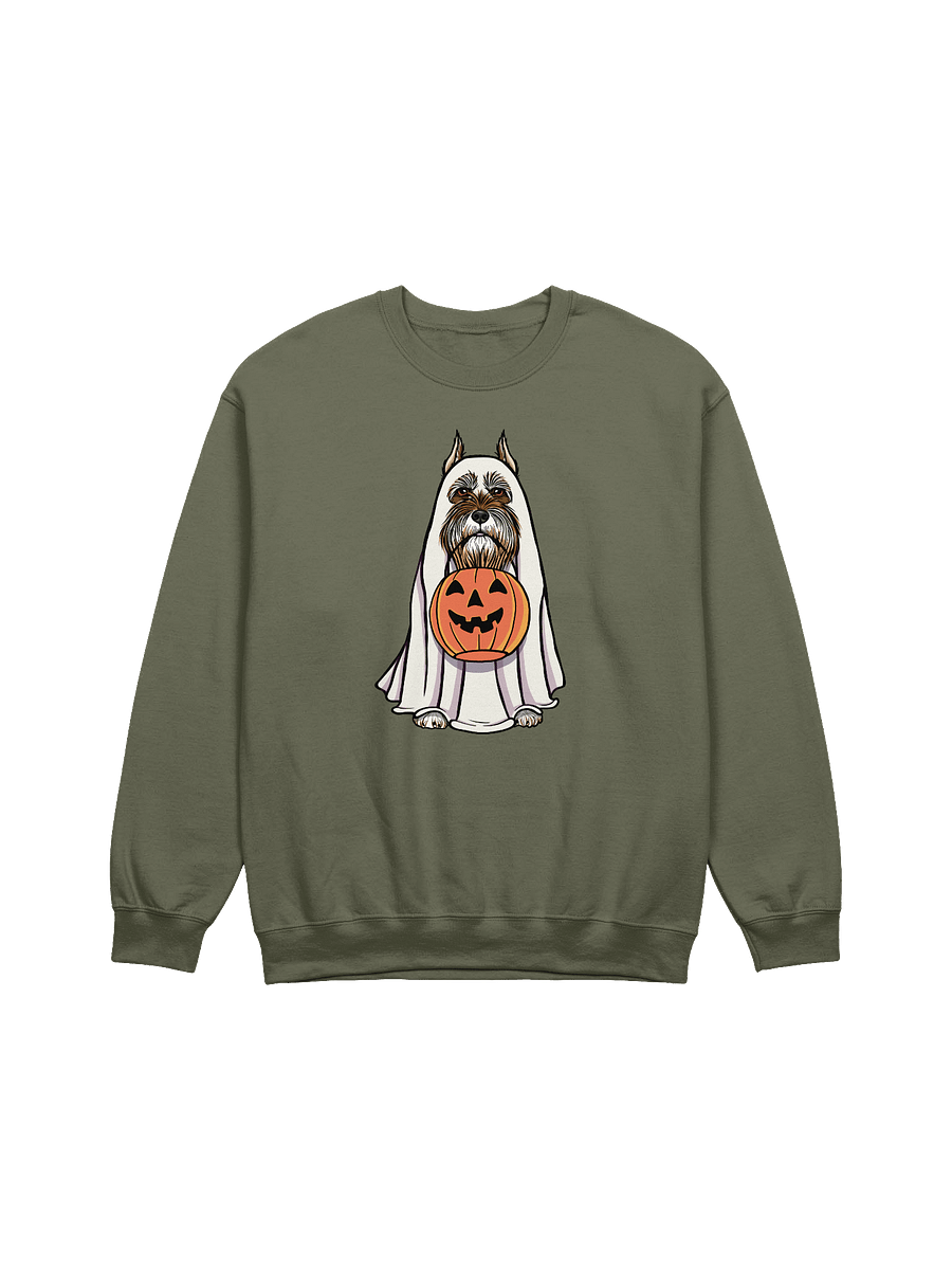 Funny Halloween Schnauzer(Cropped Ears Liver) Sweatshirt | Funny Schnauzer Wearing a Ghost Costume and Holding a Pumpkin Basket product image (17)