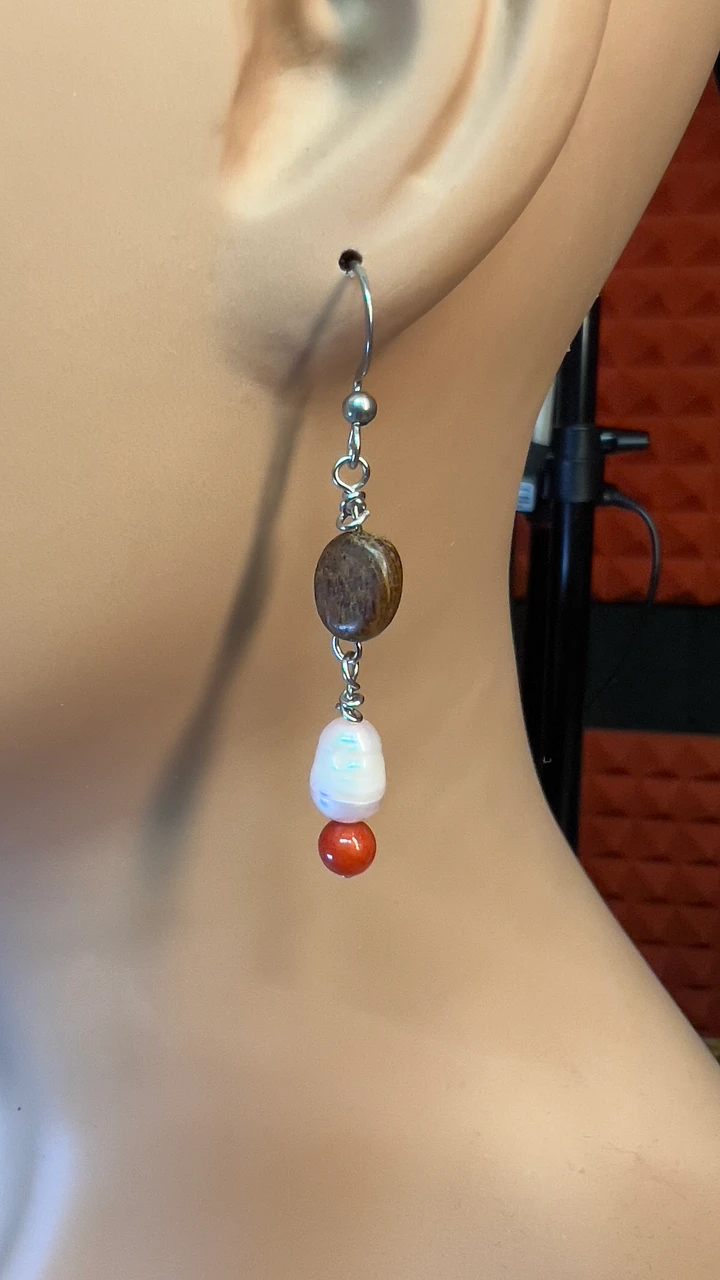 Earrings - Wood Beads, Freshwater Pearls, and Coral - Hand-made by JB product image (2)