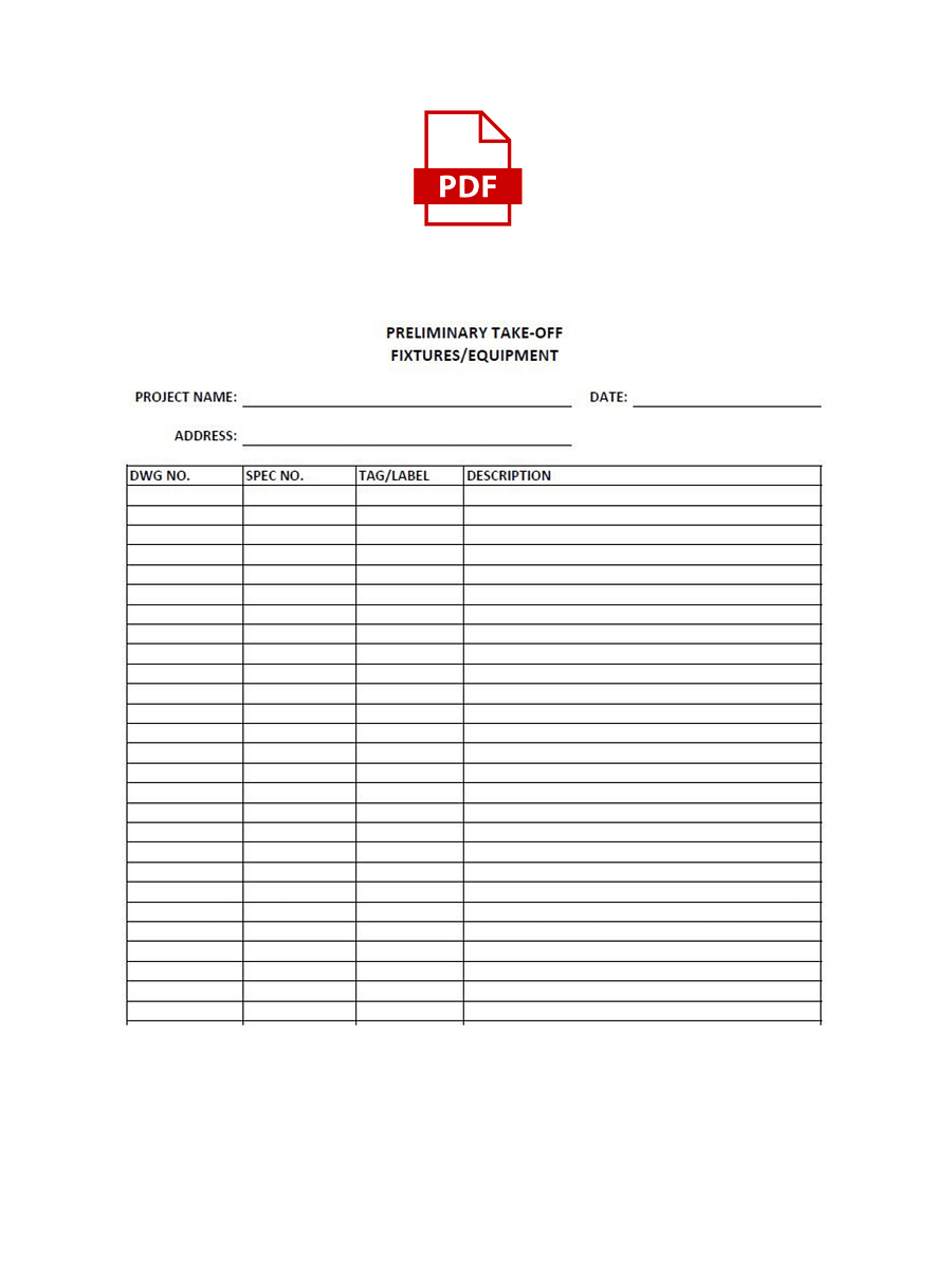 Preliminary Take-Off - Fixtures & Equipment - PDF Print product image (1)