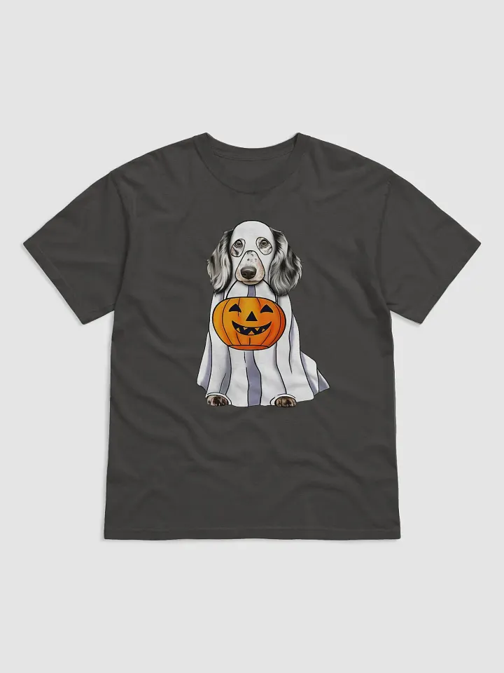 Dachshund(Dapple) Halloween Tee | Funny Halloween Wiener/Doxie Wearing a Ghost Costume with Pumpkin Basket product image (7)