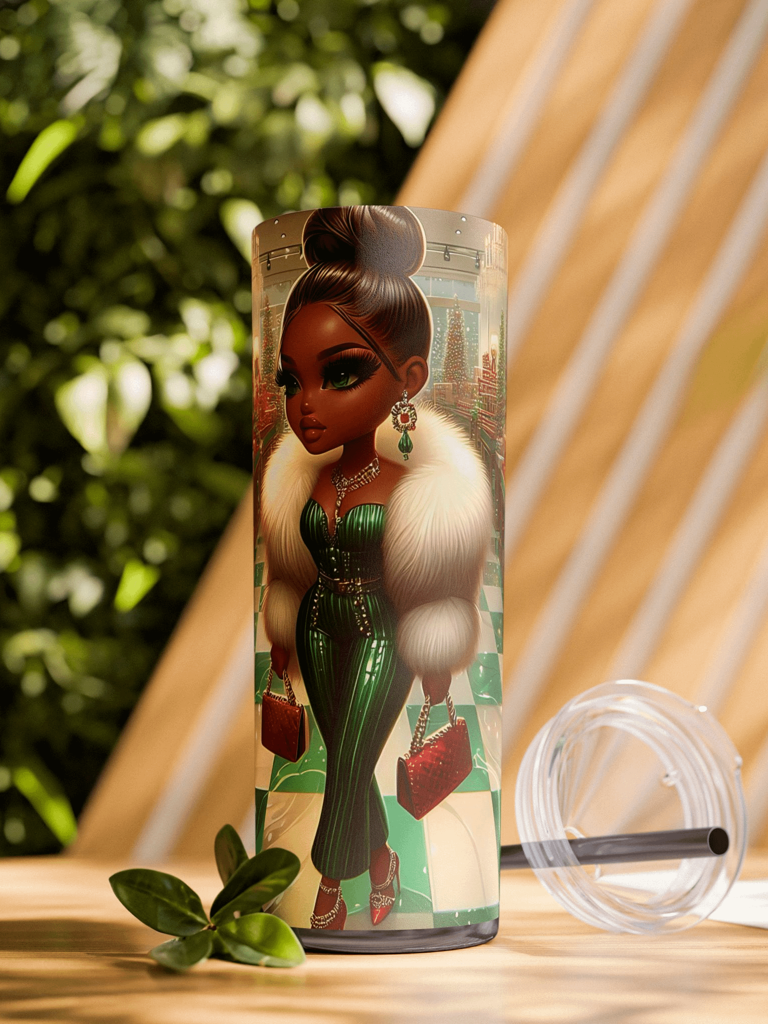Glam Holiday Diva Tumbler Wrap, Christmas Tumbler Sublimation Design, Stylish African American Woman in Festive Green, 20 oz Skinny Tumbler product image (1)