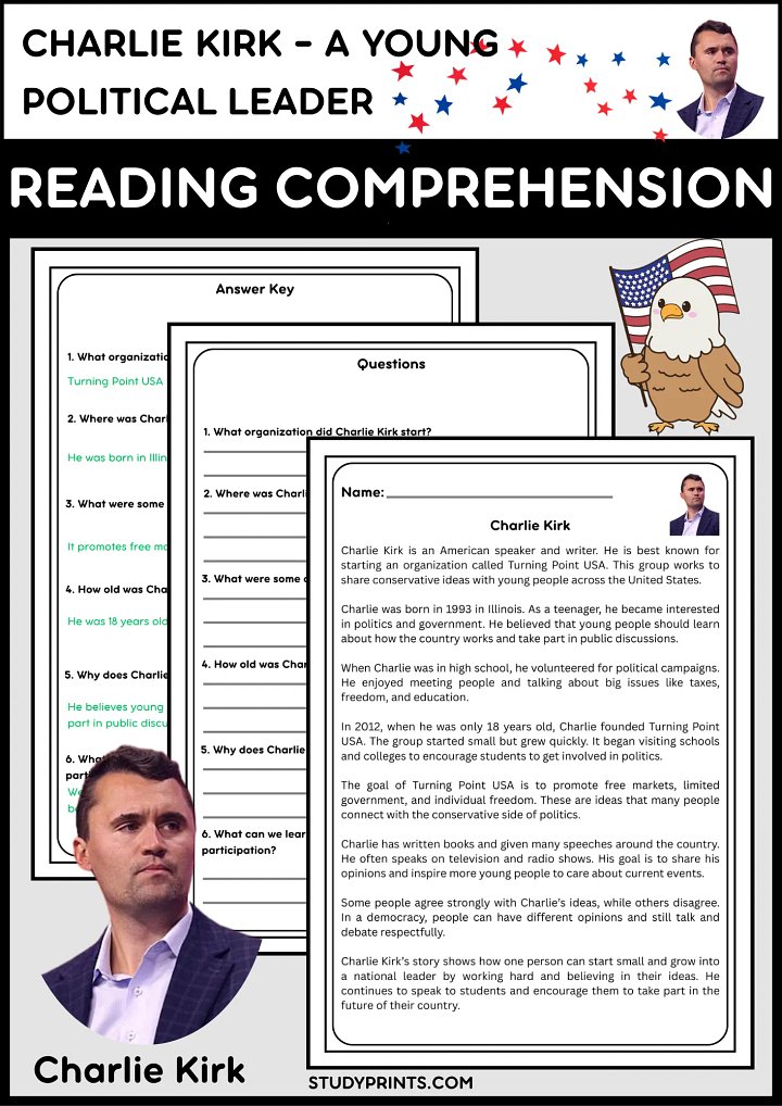 Charlie Kirk A Young Political Leader Reading Comprehension for Grades 4–10 product image (1)