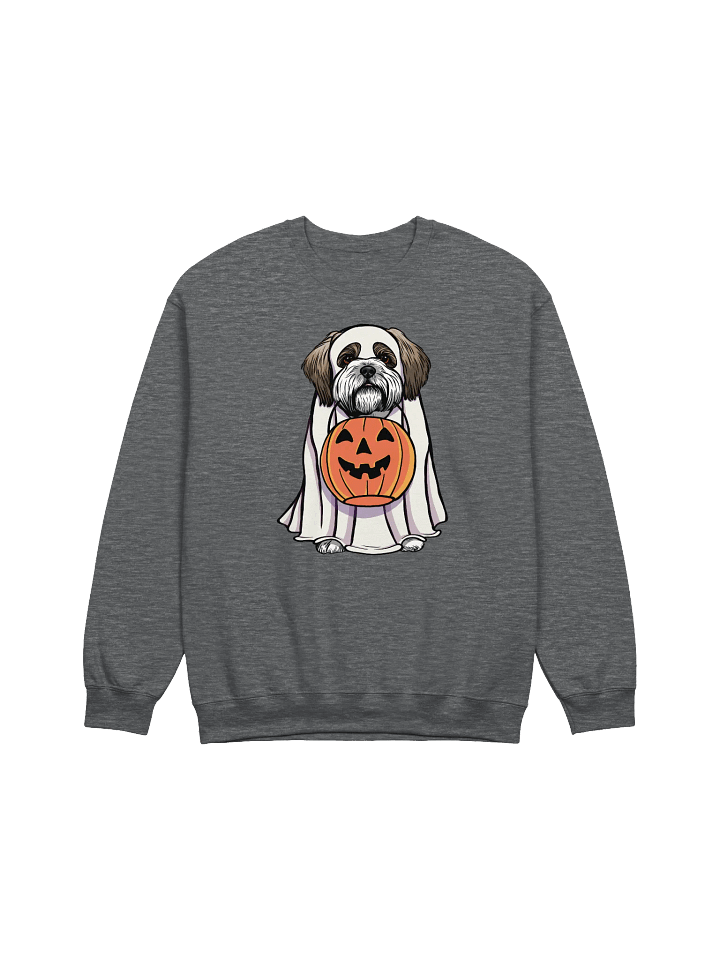 Funny Halloween Shih Tzu Sweatshirt | Funny Dog Wearing a Ghost Costume and Holding a Pumpkin Basket product image (1)