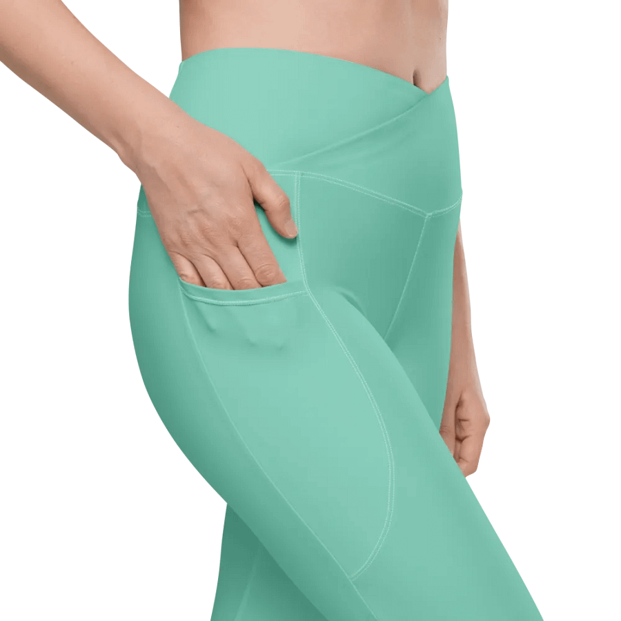 Plain Light Pastel Green Light Summer Women's High Waisted Premium Crossover Leggings with Pockets by Treasure Pie product image (8)