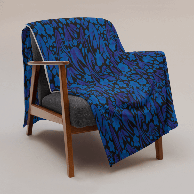 Spring Garden in Royal Blue on Black – Elegant Floral Throw Blanket product image (6)