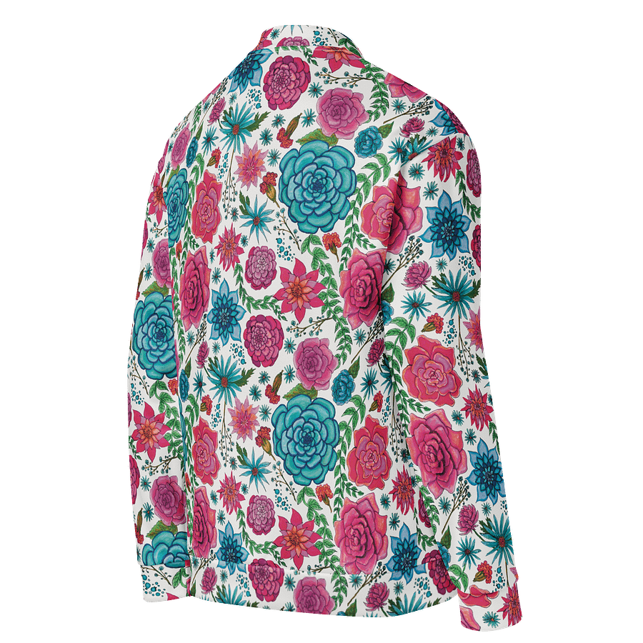 🌸 Bold Blooms, Bold Moves | Pink + Blue Floral on White | Unisex Bomber Jacket | Monique Faella Designs™ product image (4)