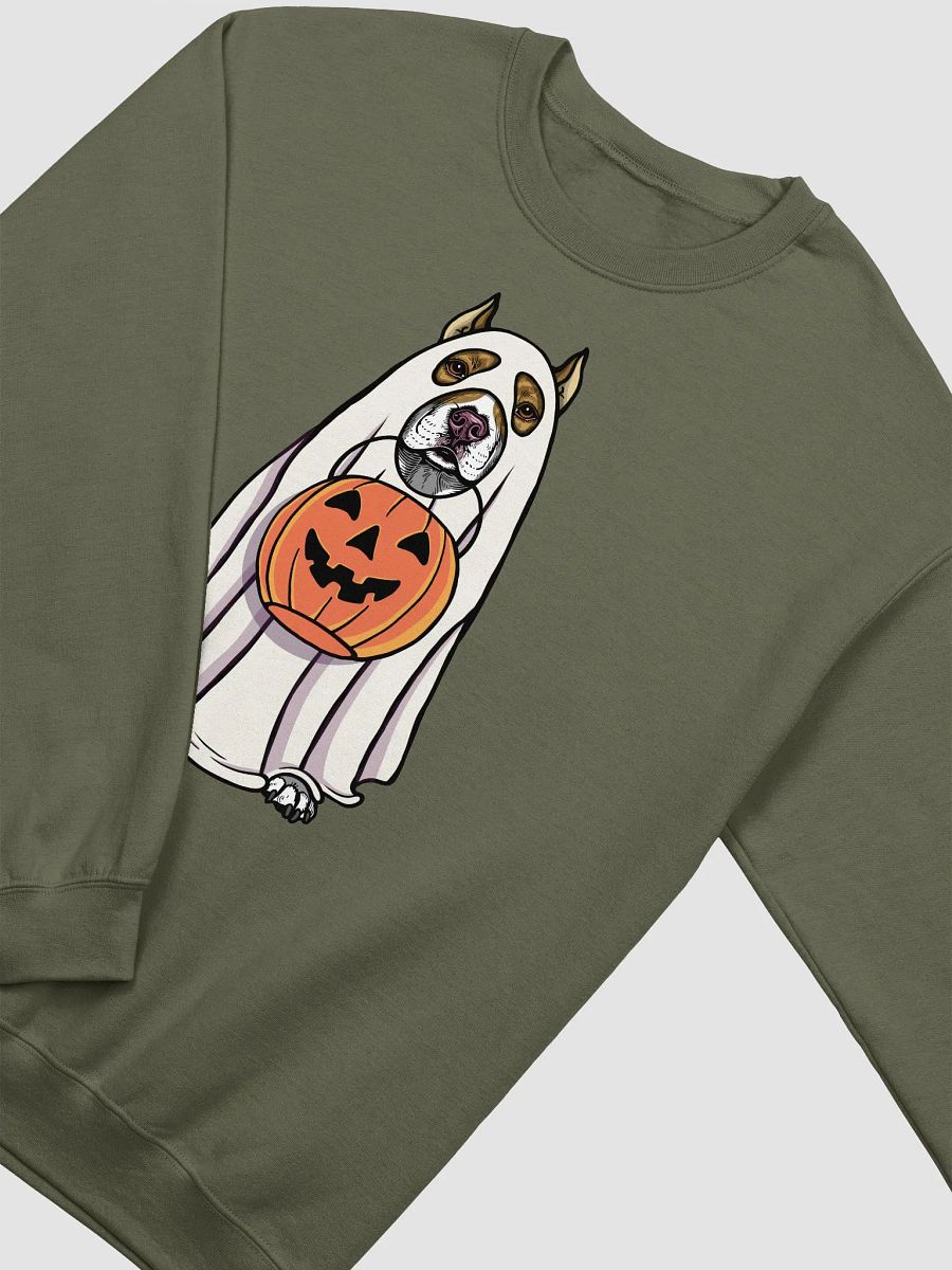 Funny Halloween Pitbull Terrier(Cropped Ears, Brindle) Sweatshirt | Funny Pittie Wearing a Ghost Costume and Holding a Pumpkin Basket product image (18)