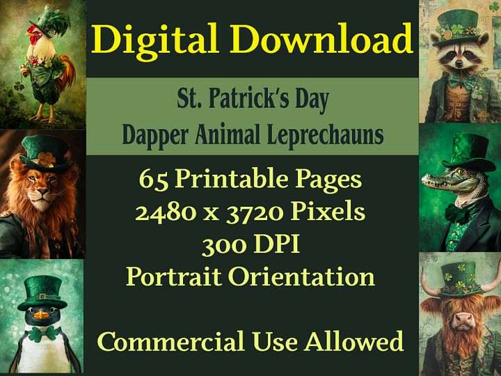 St. Patrick's Day Dapper Animal Leprechauns Digital Paper Pages, Scrapbook, Junk Journal, printable images product image (2)