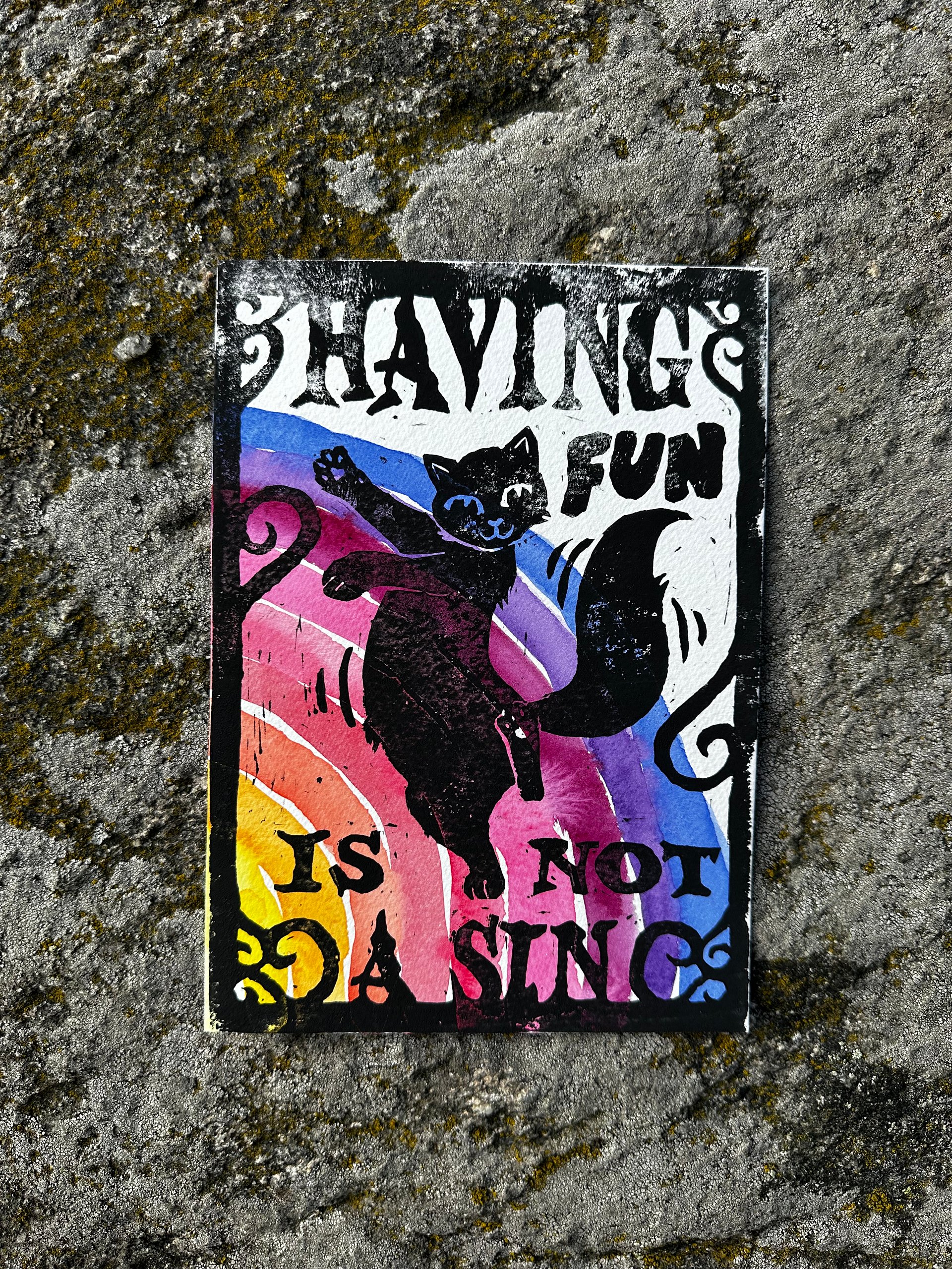 HAVING FUN IS NOT A SIN dancing cat original lino print (3) product image (1)