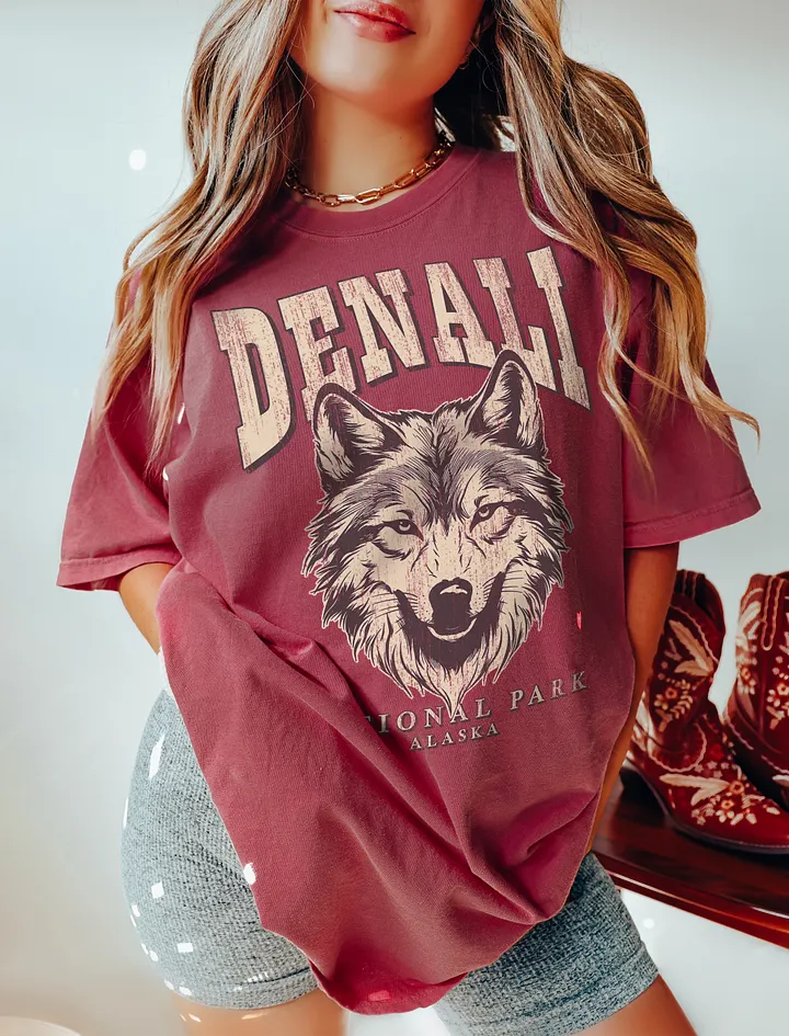 Denali National Park, Alaska Tee | Vintage-Style Grunge Western Shirt with a Wolf's Head product image (11)