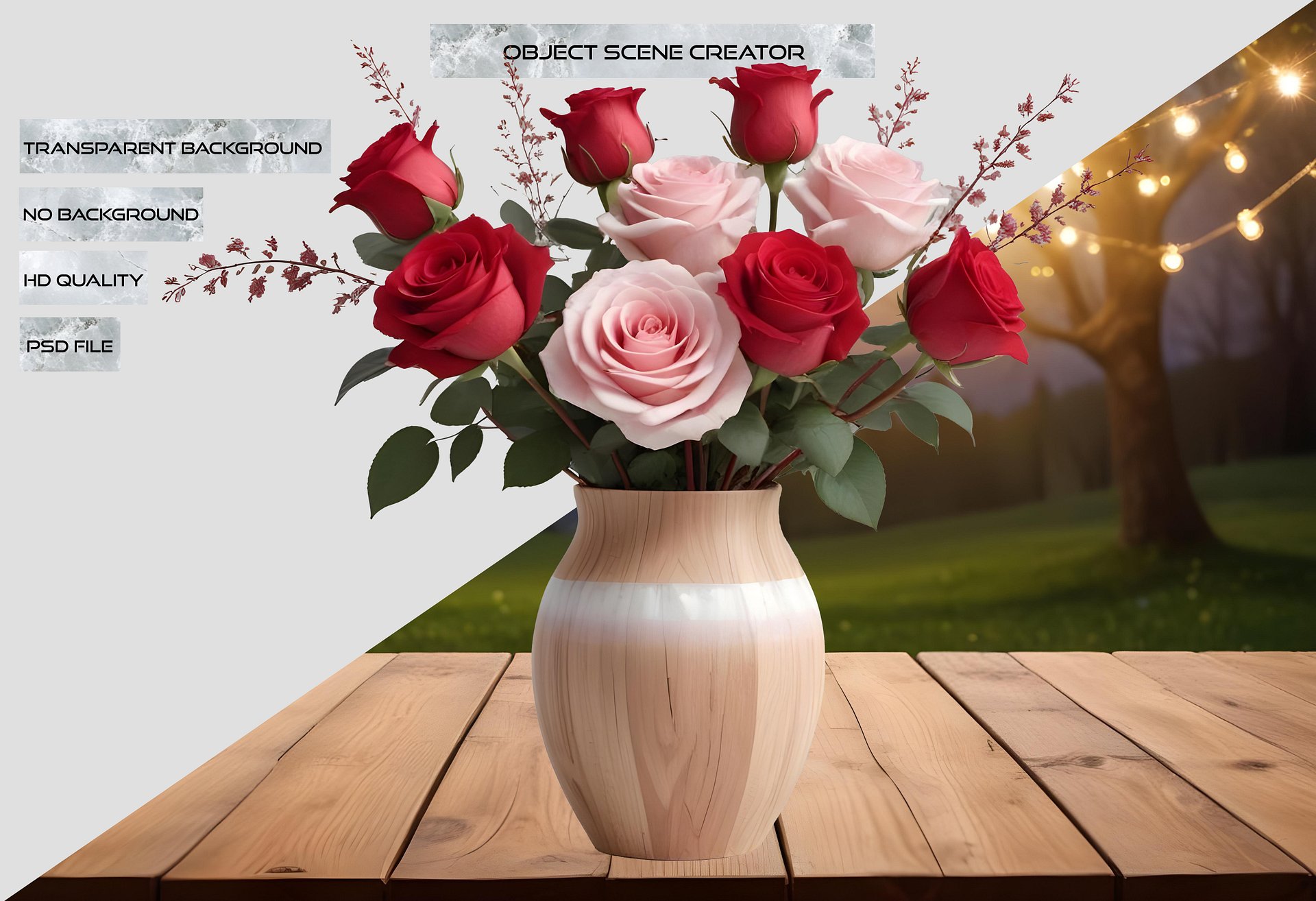 Blossoming Elegance – Soft Wood Vase with Roses PNG product image (2)