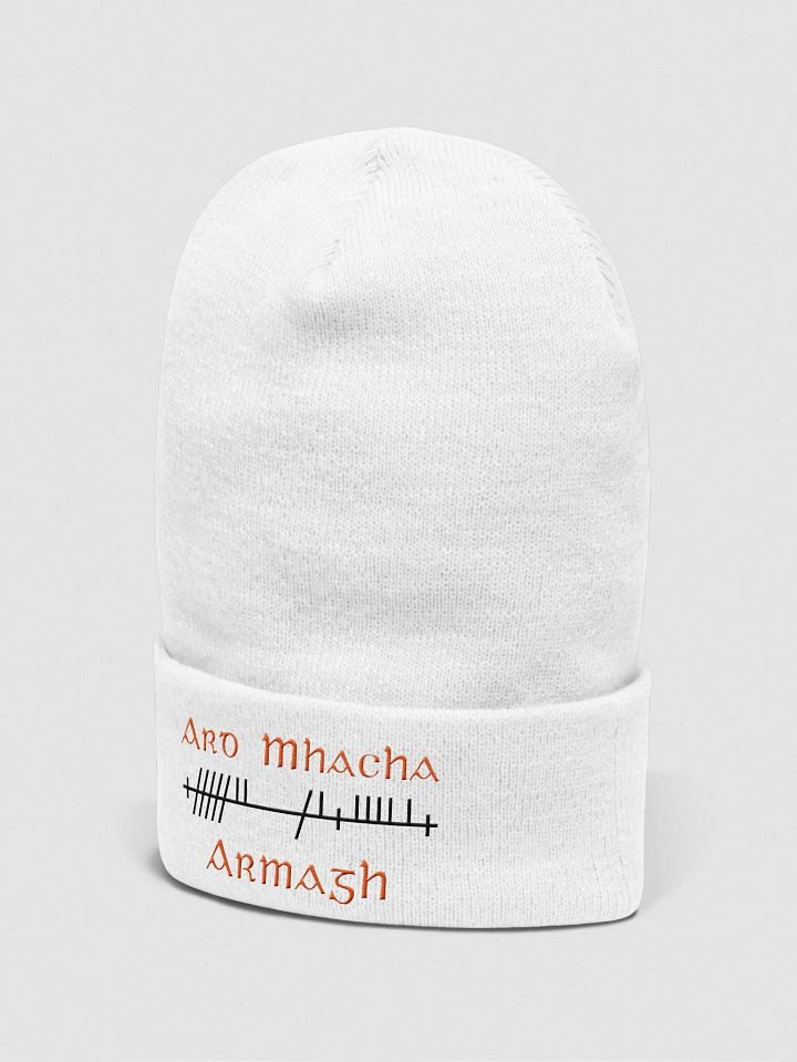Armagh/Ard Mhacha Orthodox Style Ogham, white with Tangerine and Black, embroidered cuffed Beanie product image (2)