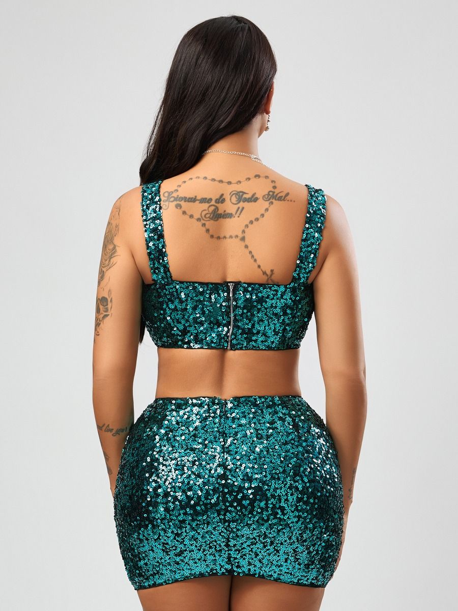 Wholesale sexy high quality slight stretch square neck sequin decor mini skirt sets product image (2)