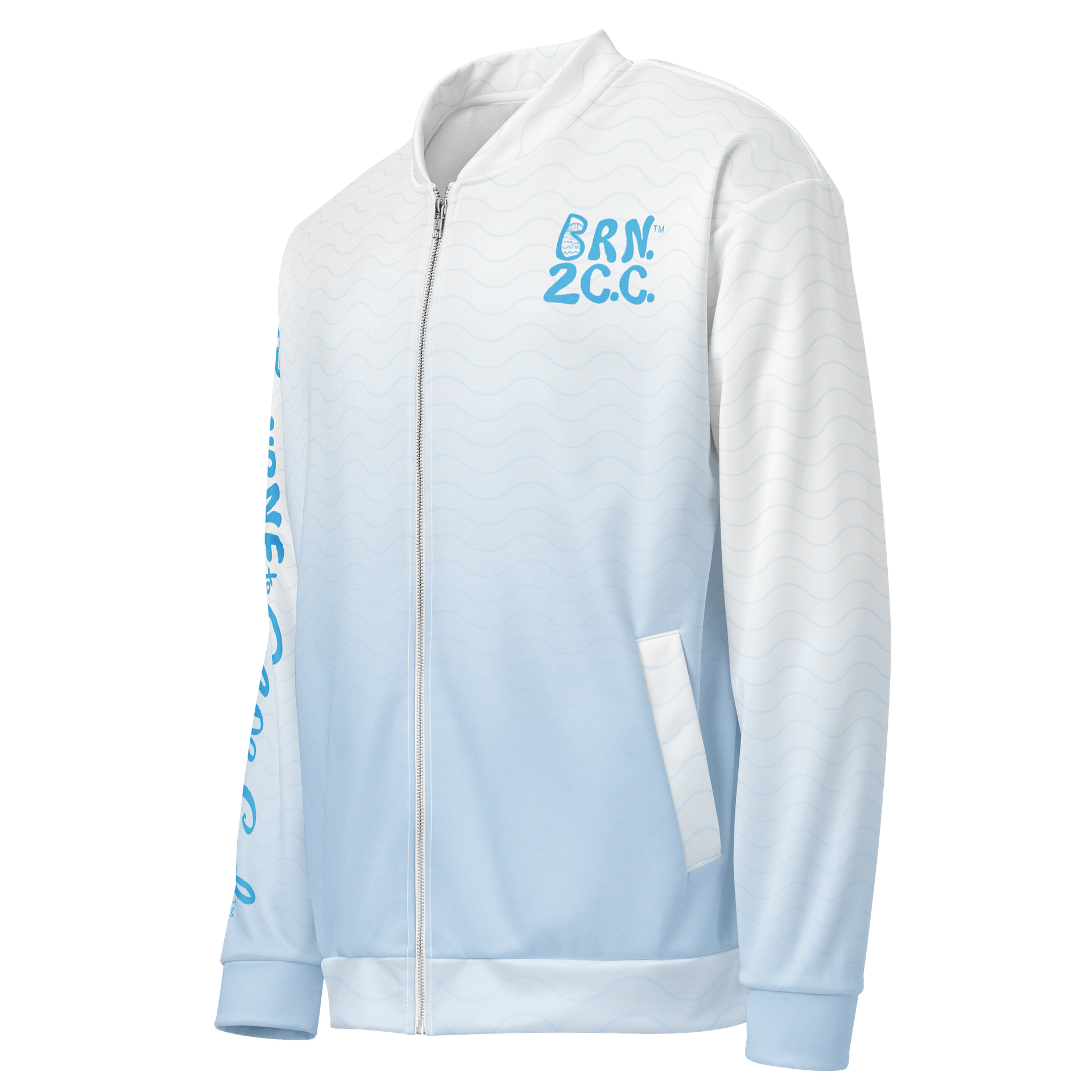 All-Over Print Bomber Jacket | Coastal Cool, City Bold | BOURNE to Cape Cod™ + BRN.2C.C.™ Style | Deep Sky Blue Logos on Blue & White Ombre product image (3)
