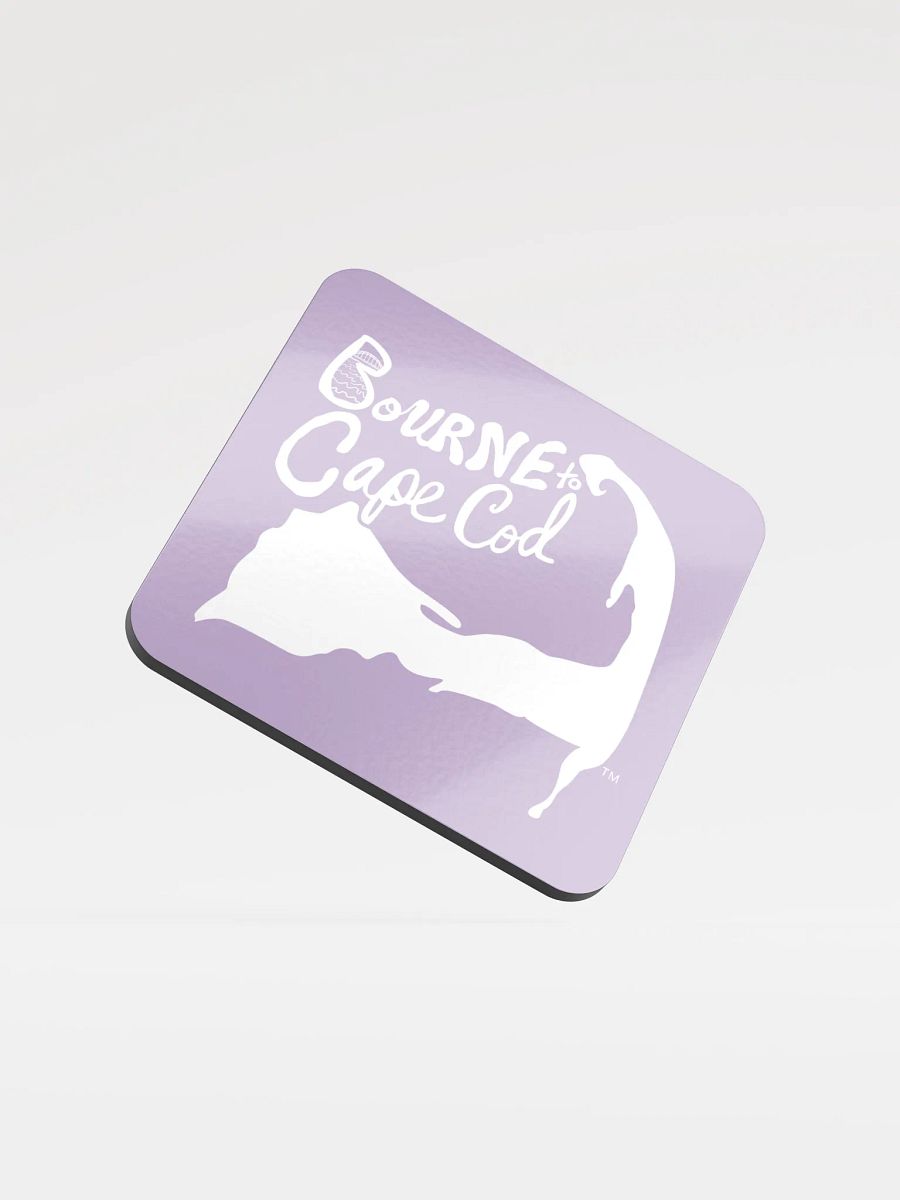 BOURNE to Cape Cod™ | Coastal Coaster | Glossed Cork | Eco-Friendly | Minimalist Coastal Decor | 3.74" Square | White Logo on East Side Lavender product image (1)