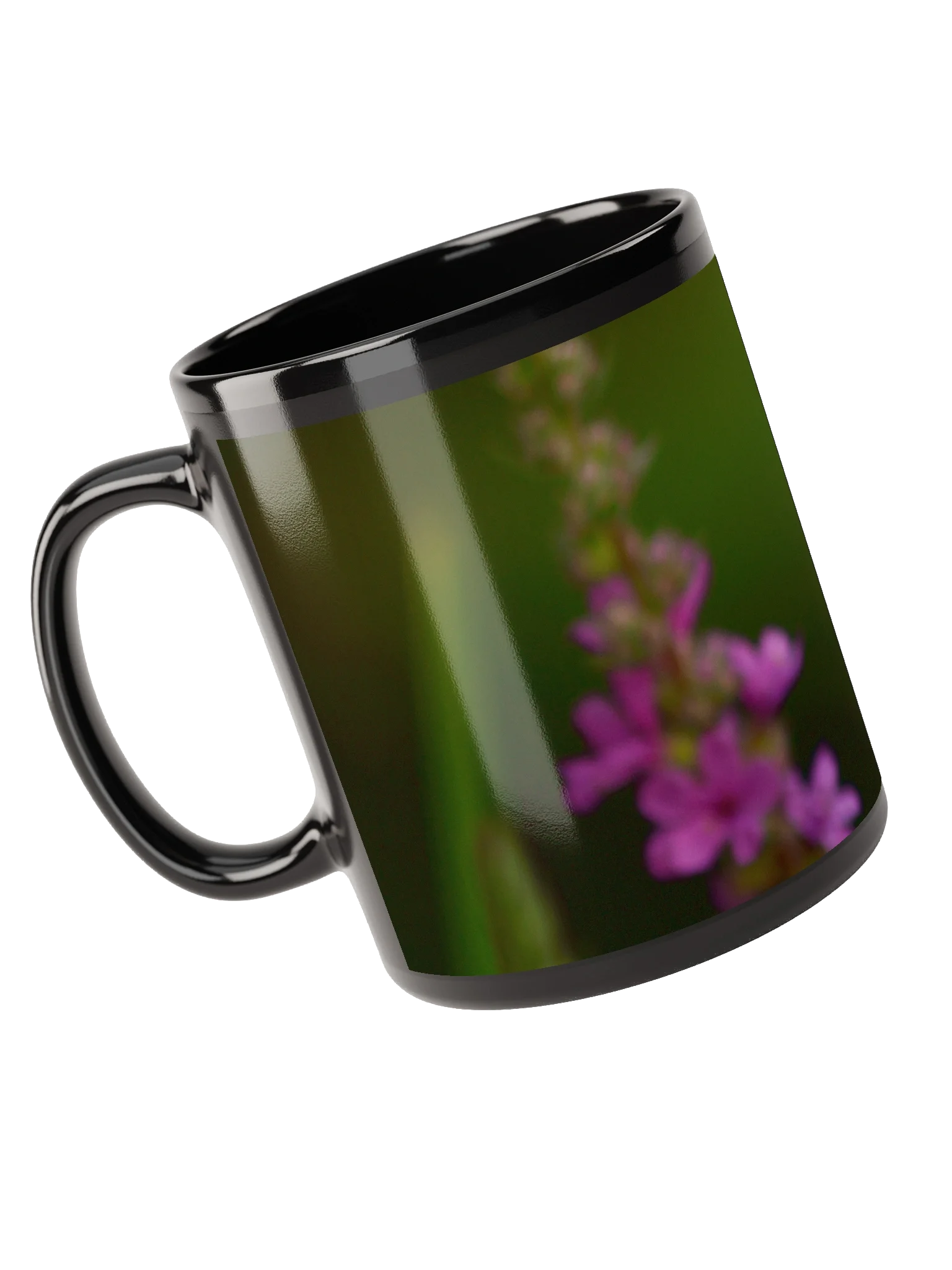 Keramiktasse schwarz - Violette Blüten vor dunklem Hintergrund product image (3)