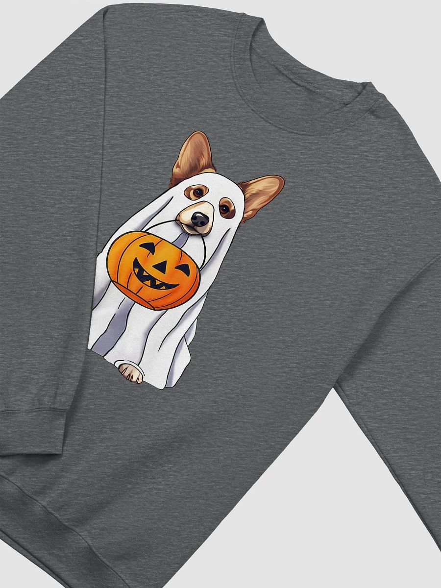 Welsh Corgi Halloween Sweatshirt | Funny Fall & Halloween Corgi Wearing a Ghost Costume with Pumpkin Basket product image (8)