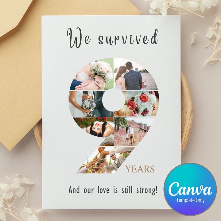 9 Year Anniversary Photo Card Editable Canva Template product image (1)