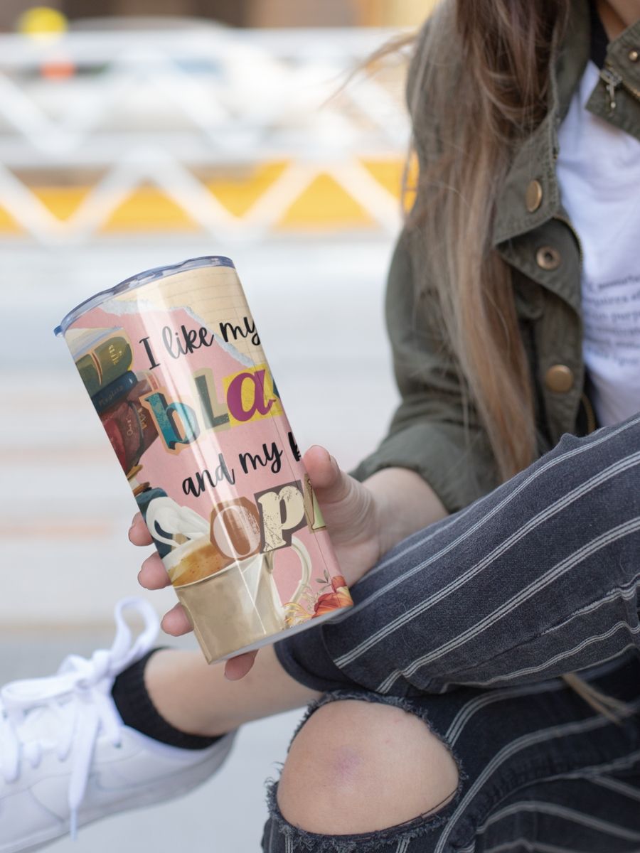 Vintage scrapbooking insulated coffee tumbler for book lovers - I like my coffee black and my books open product image (1)