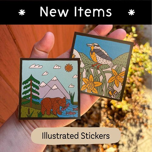 Hey All, I’ve got two new sticker designs available in my shop, Salmon Run and Meadowsong! They’re hand-drawn illustrated, na...