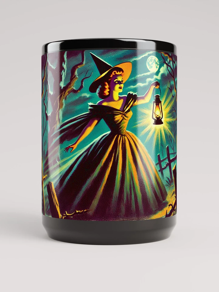 Witch in the Woods at Night Halloween - Glossy Black Mug 15 oz product image (1)