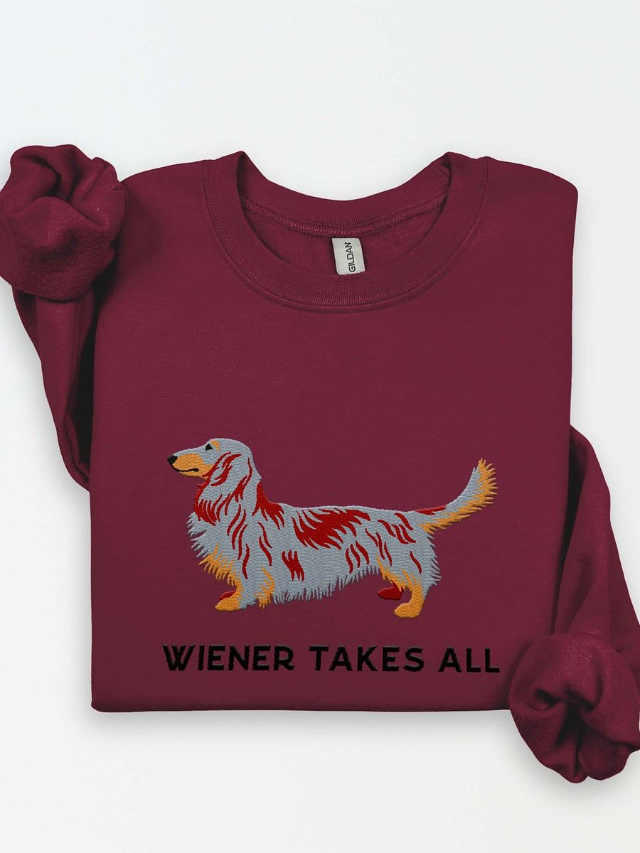 Wiener Takes All Sweatshirt (Embroidered) of a Longhaired Dachshund(Red Dapple) product image (1)