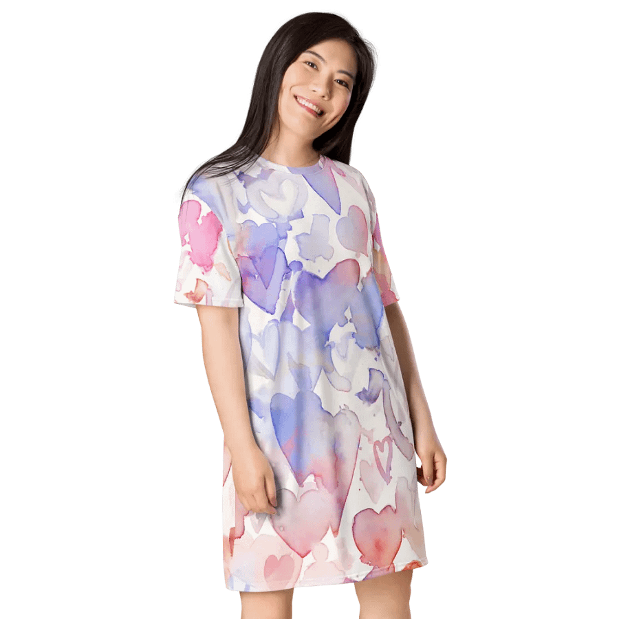 Happy Valentine Love seamless watercolour Pink and Blue hearts Pattern T-shirt Dress product image (8)