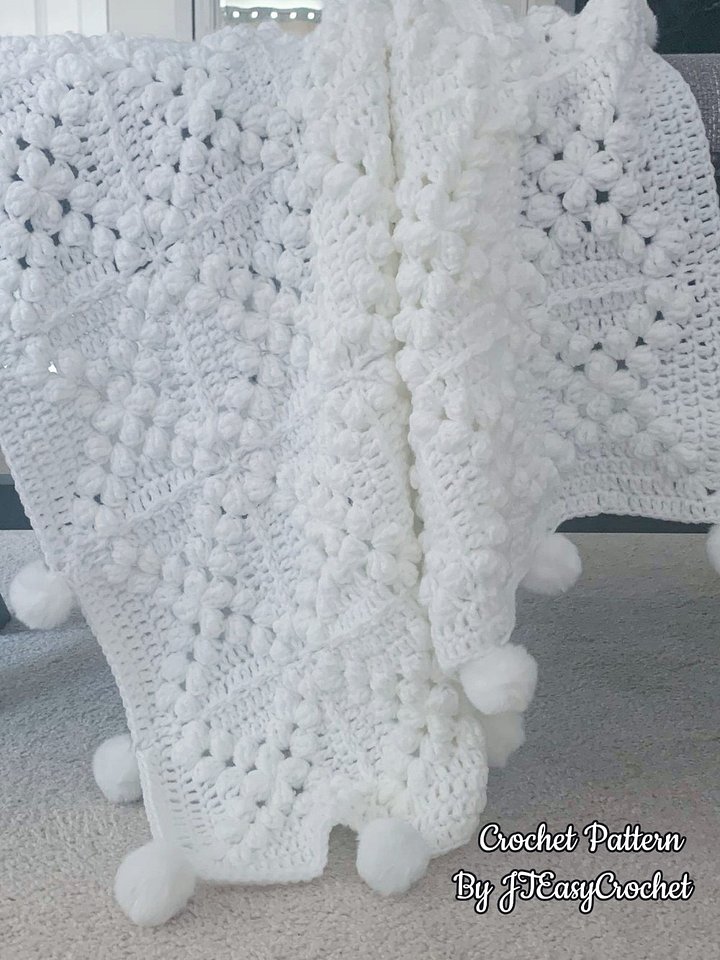 Granny Square Blanket With Poms, Easy Crochet Pattern & VIDEO, Textured Crochet Throw Home Decor, Baby Gift product image (2)