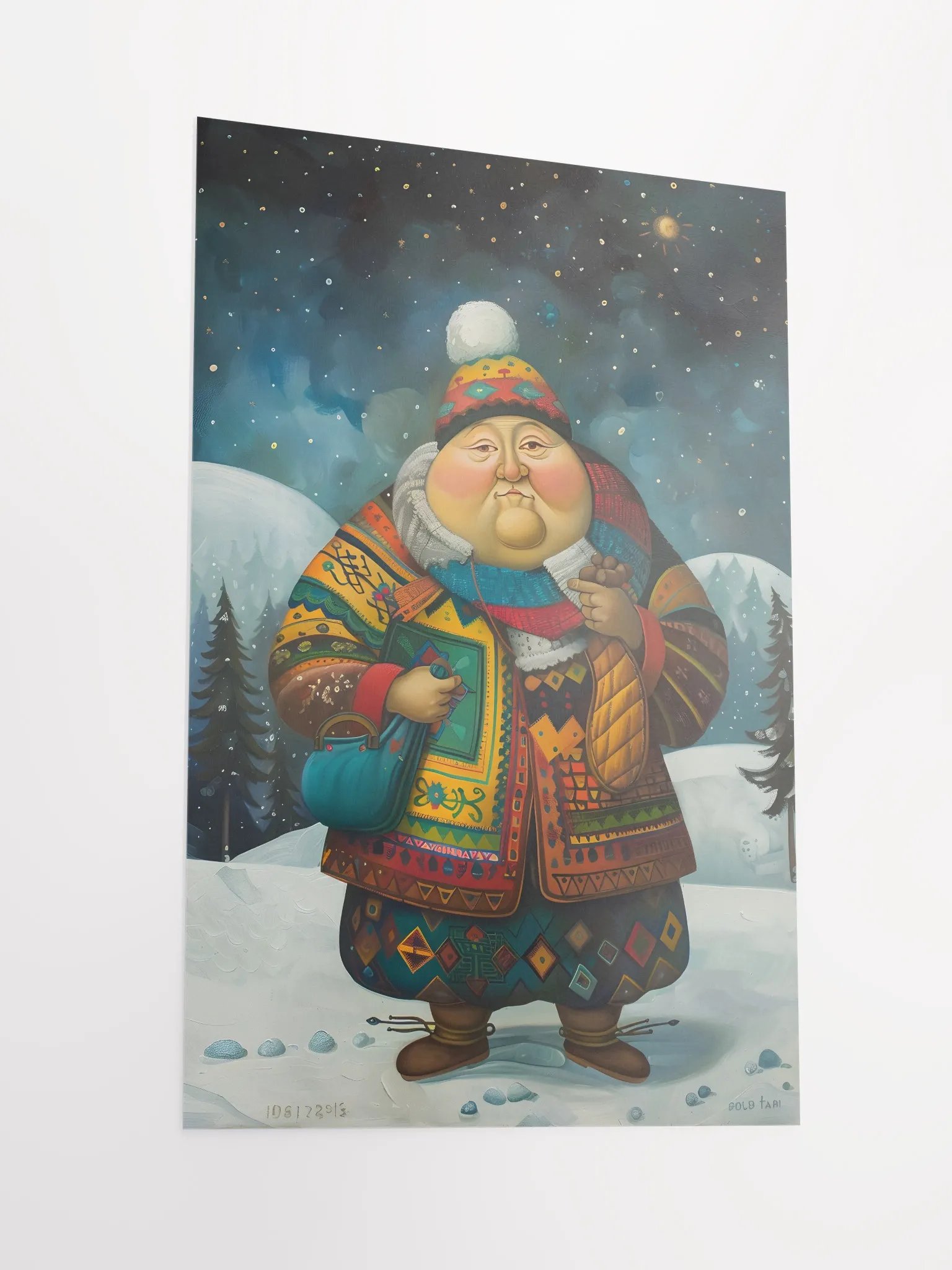 Whimsical winter figure in vibrant patterned outfit. product image (2)