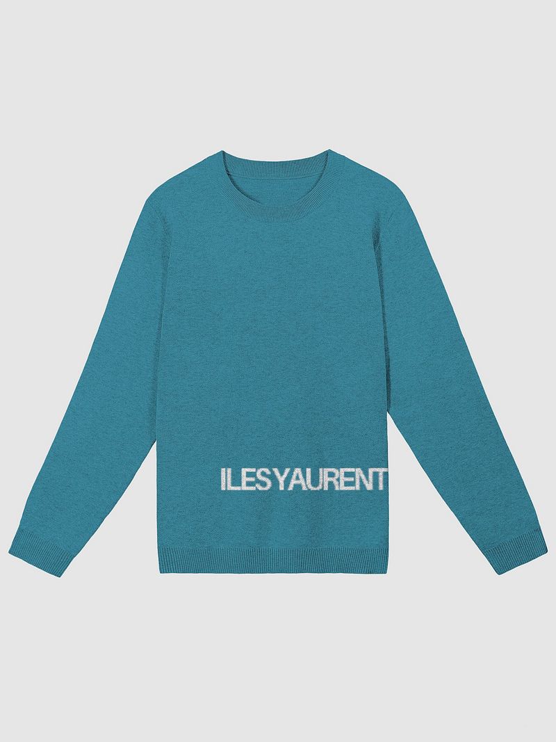 ILES YAURENT © Maglione azzurro nastrato in cotone con motivo ricamato