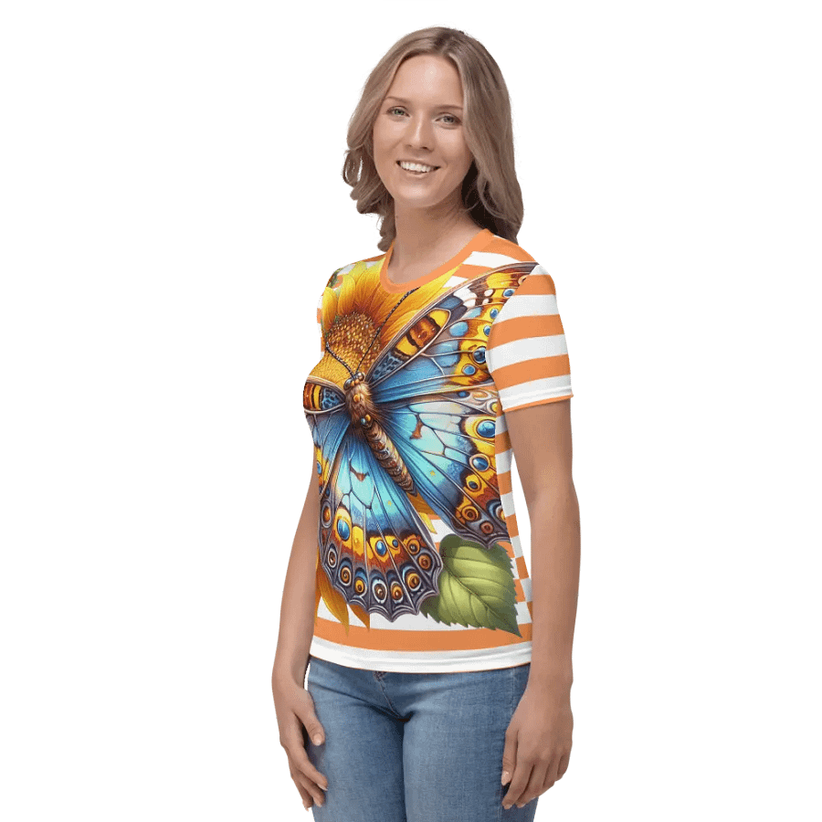 Butterfly Sunflower Bliss Women's Orange Stripped AOP Tee product image (8)